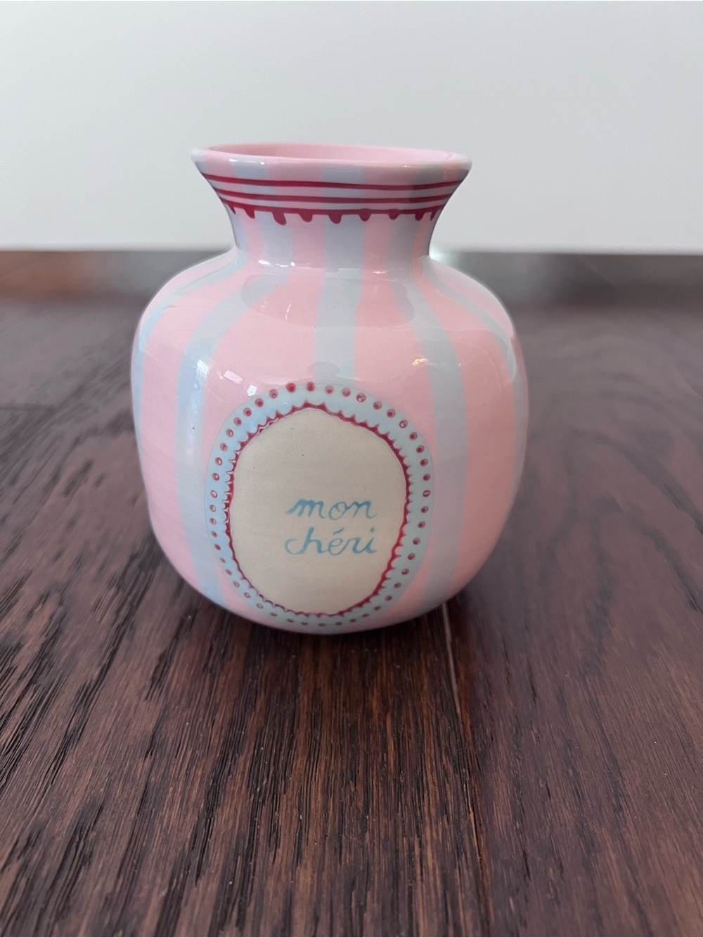 Anthropologie Laetitia Rouget Love Vase Pink Stripe Mon Cheri EUC